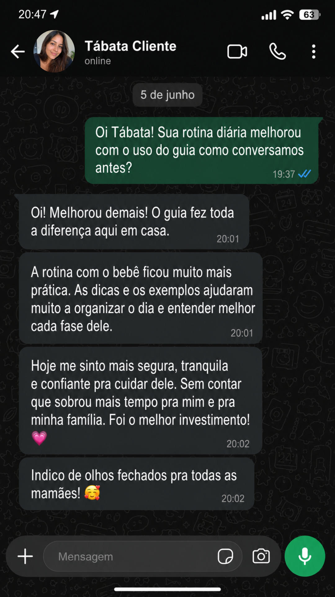 Conversa de mãe no WhatsApp sobre o guia 10