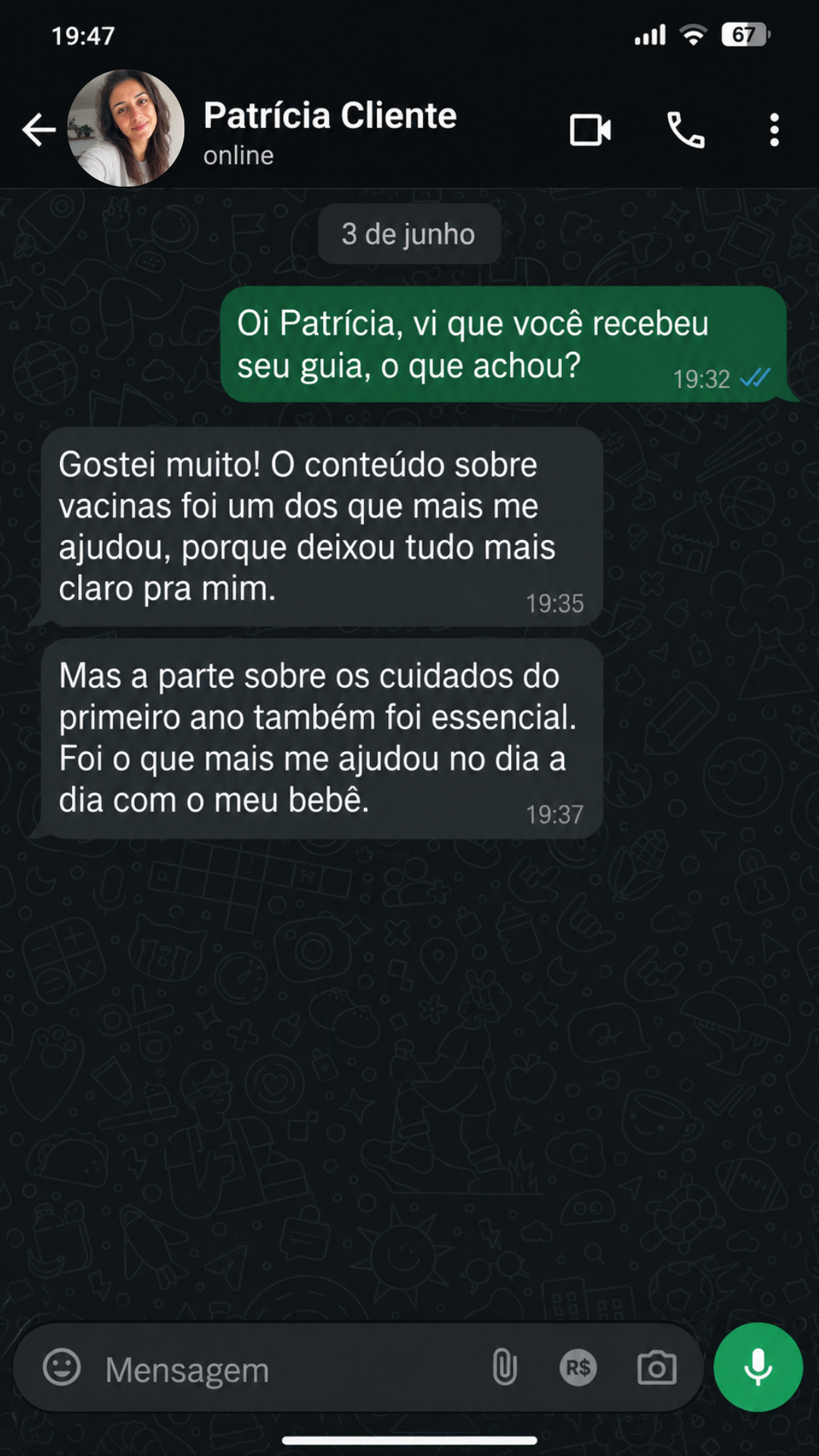 Conversa de mãe no WhatsApp sobre o guia 4