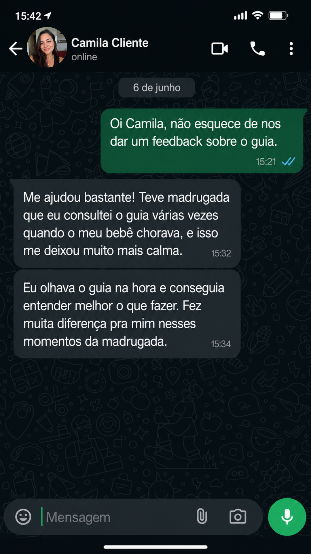 Conversa de mãe no WhatsApp sobre o guia 5