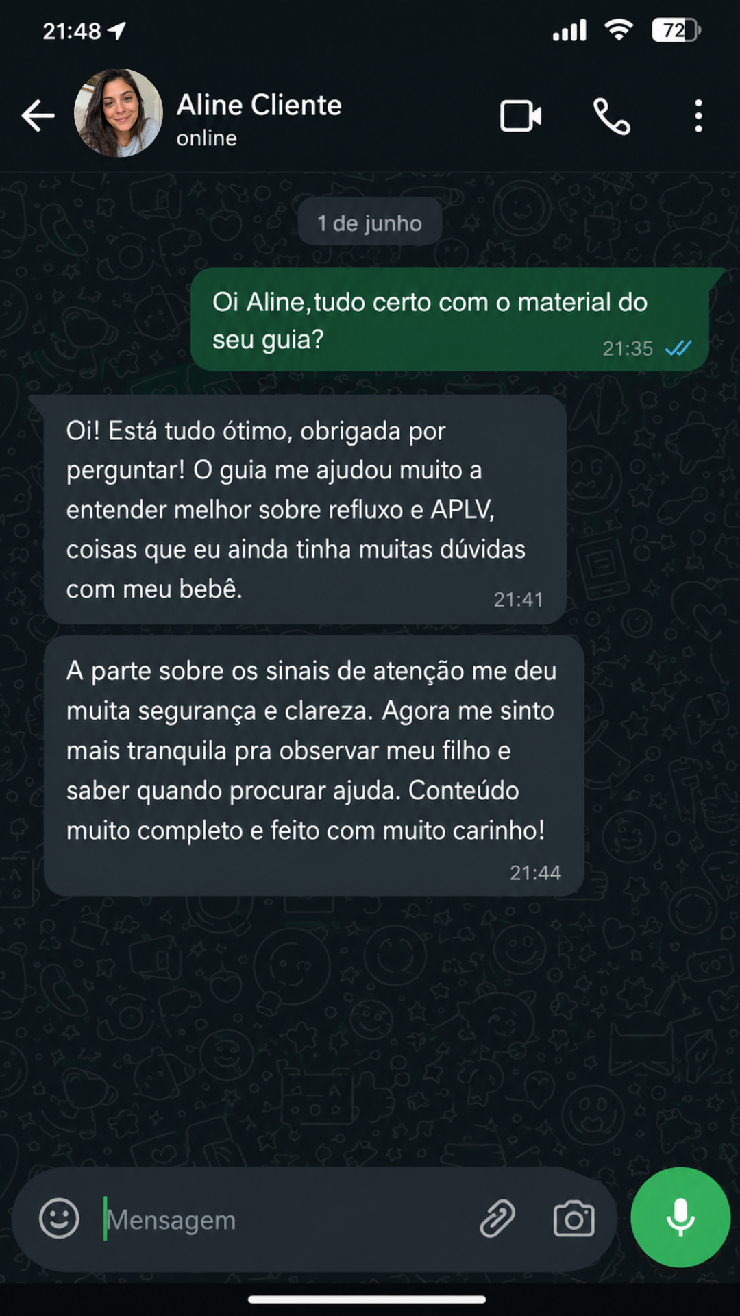 Conversa de mãe no WhatsApp sobre o guia 6