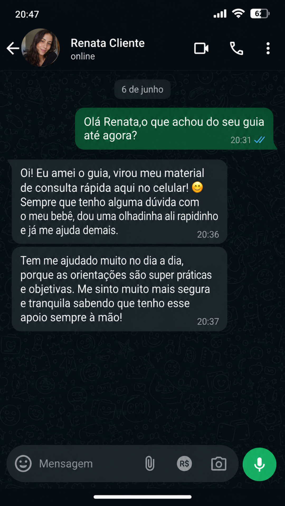 Conversa de mãe no WhatsApp sobre o guia 7