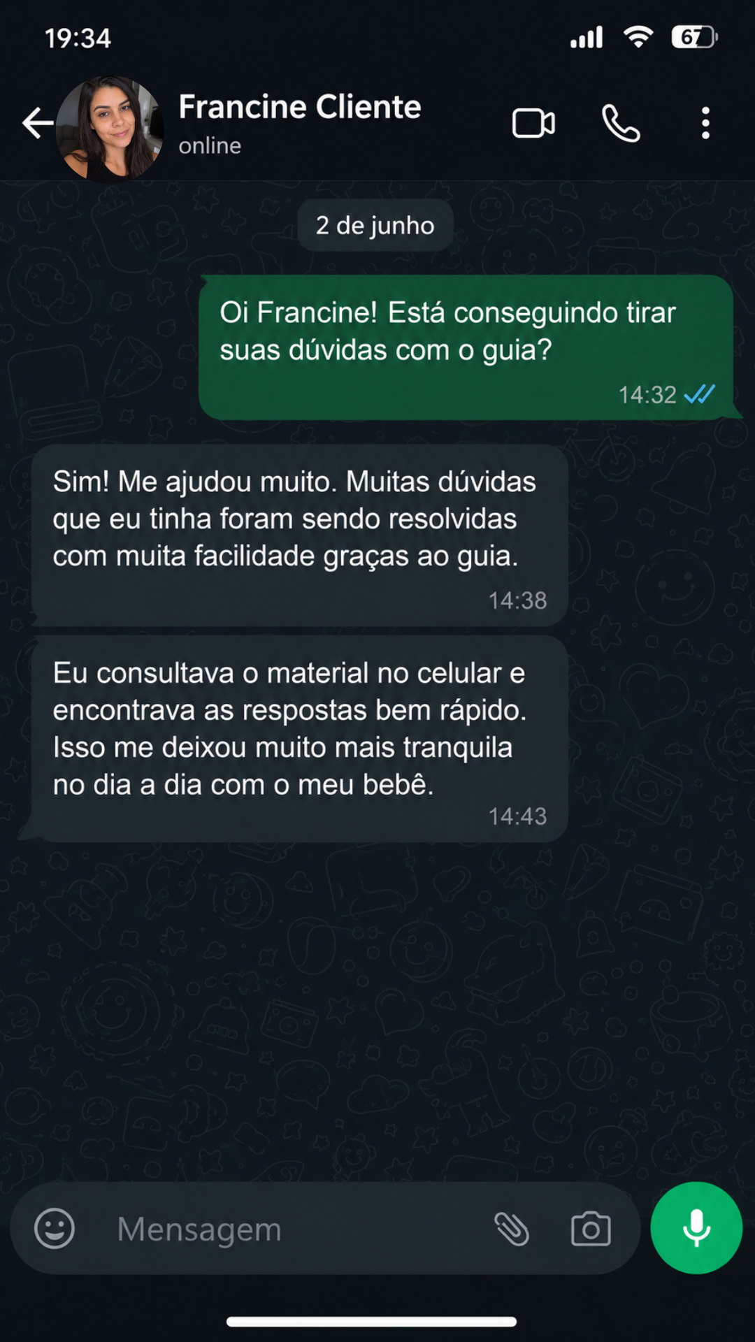 Conversa de mãe no WhatsApp sobre o guia 9